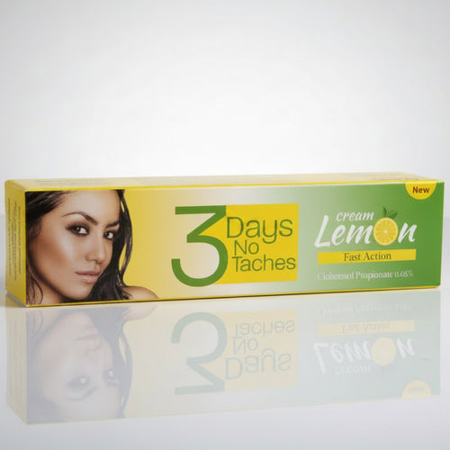 Box of '3 Days No Taches Lemon Cream' on a wooden surface with greenery in the background